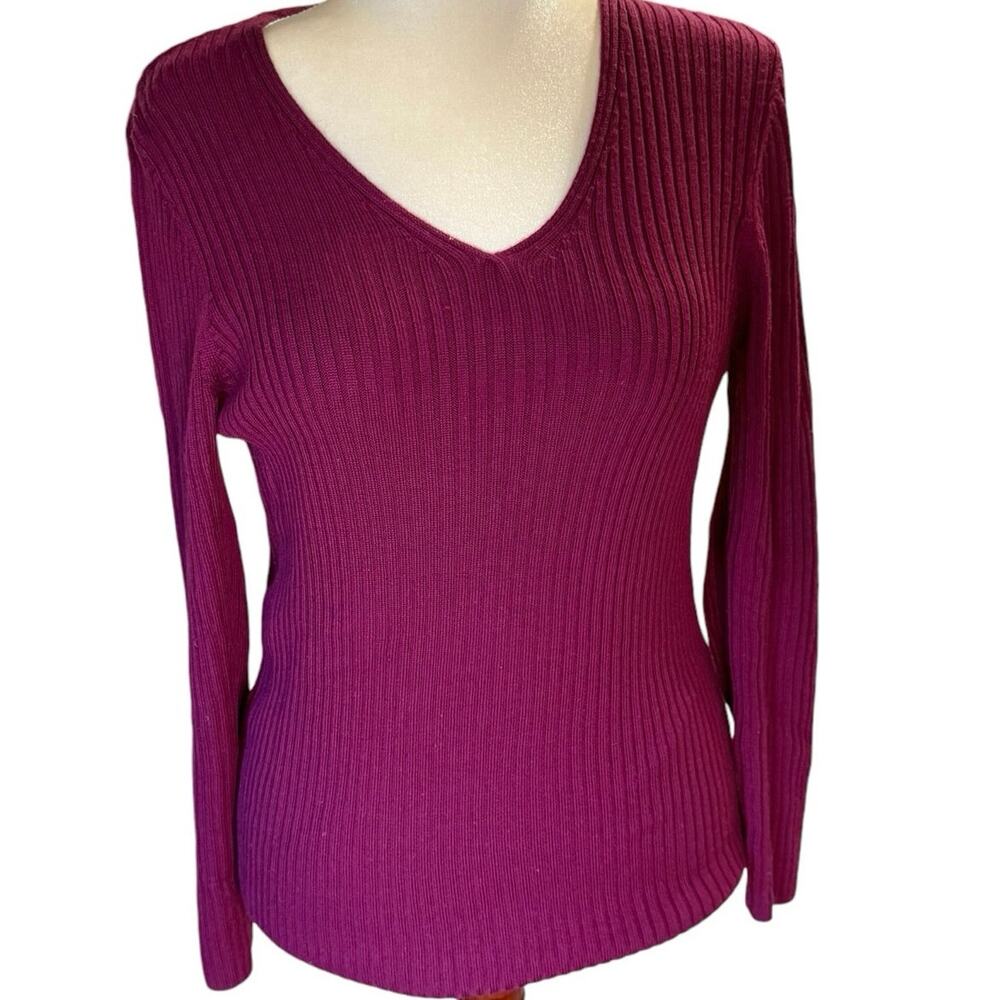 Lands’ End Maroon 100% Merino Wool Ribbed V-Neck Sweater - Large
